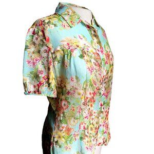 Silk Button-down Short Puff Sleeves Floral Blouse Aqua 6